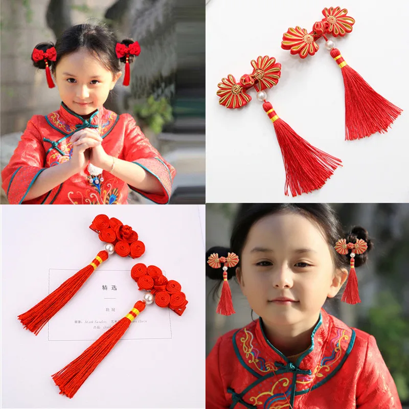 

2pcs/lot Chinese Knot tassel Hair Clips Red Hairband Head Band Happy New Year Hairpin Hand Made Rim Hair Accessories Hair Bows