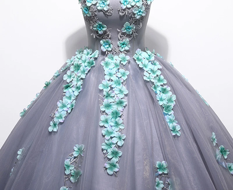 Реальное изображение Quinceanera платье Серый бальное платье для выпускного вечера без рукавов из тюля с аппликацией цветы бинты