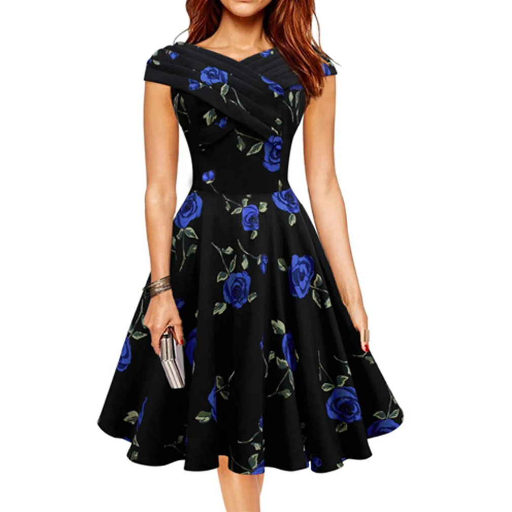 Женщины Элегантный Роуз цветочные Печати 50 s 60 Одри Урожай Ретро Dress Рокабилли