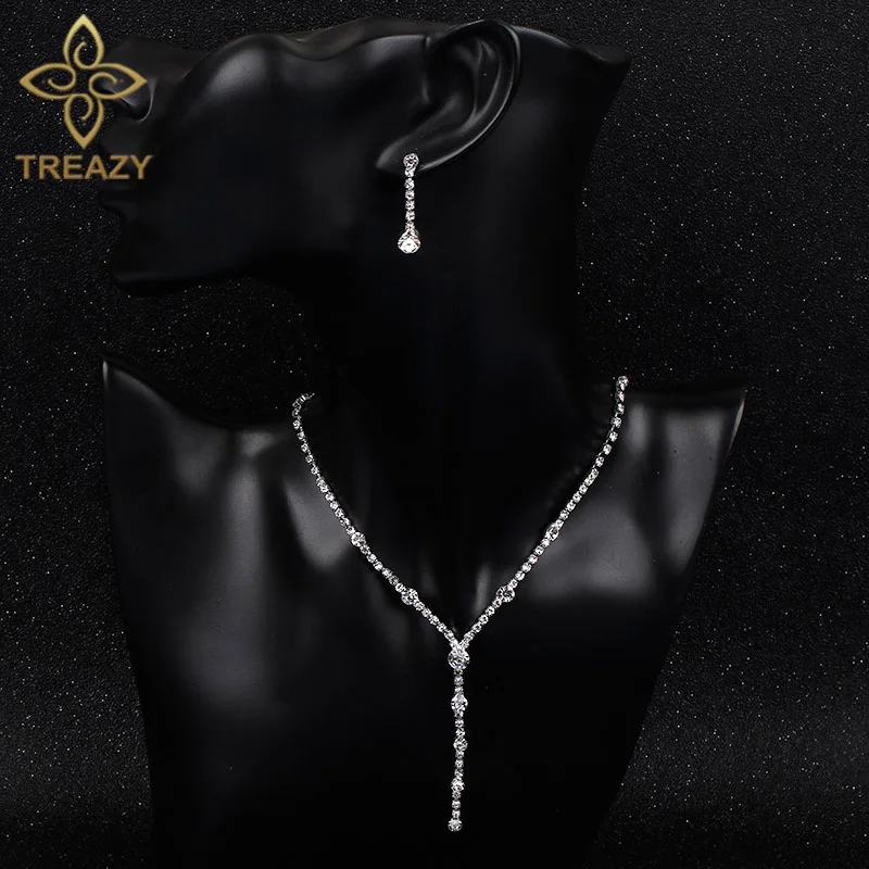 TREAZY Посеребренные стразы кристалл длинное ожерелье капля Комплект сережек для