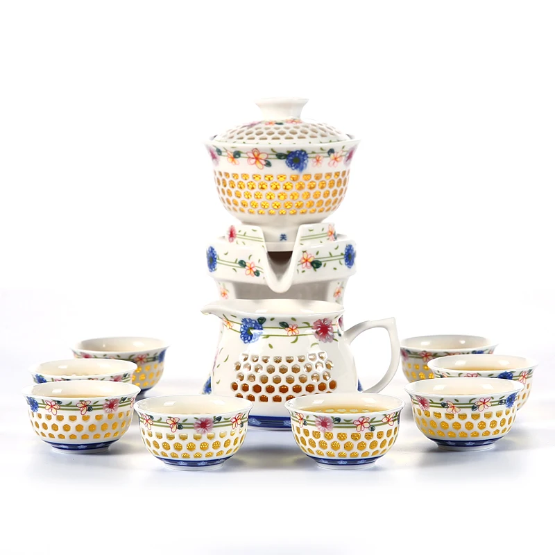 Изысканный автоматический чайный набор с пионами сине белый керамический