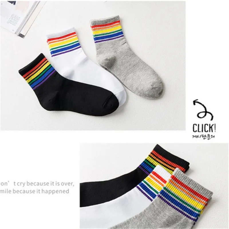 

Harajuku Cool Skateborad Short Rainbow Socks Art Women Fashion White Cotton Cocks Hipster Cartoon Colored Ankle Socks Female