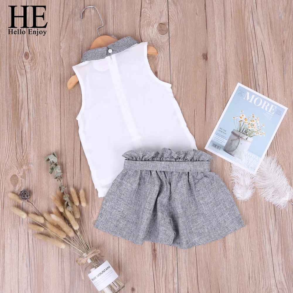 HE Hello Enjoy/летние комплекты одежды для девочек Однотонные шифоновые топы без рукавов+ шорты с бантиком, детская одежда для девочек Новая детская одежда