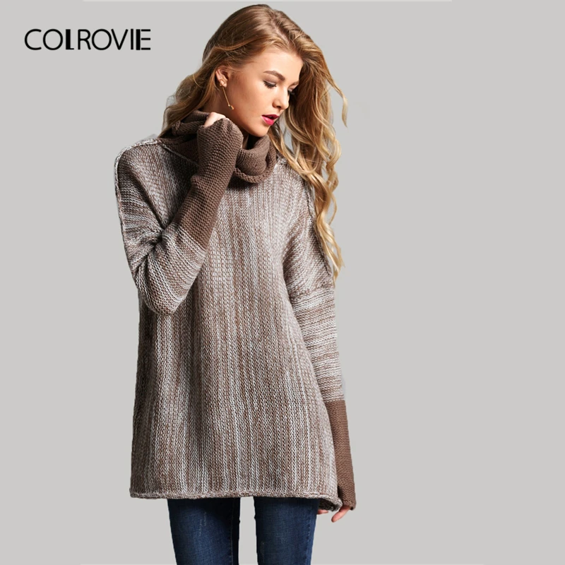 COLROVIE коричневый однотонный вязаный свитер с высоким воротом, Корейская зимняя женская одежда, весенний Модный пуловер, женский джемпер