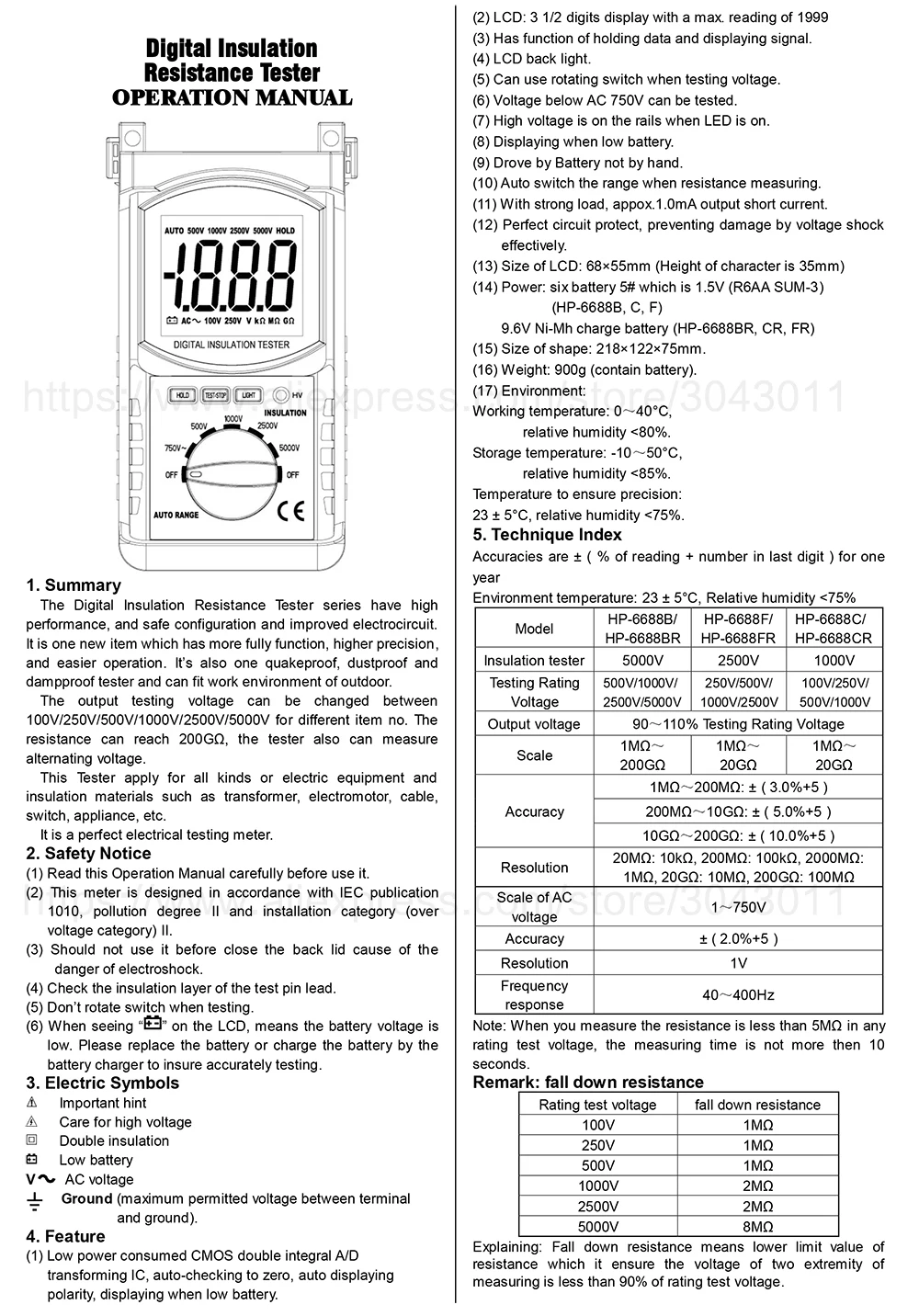HoldPeak 6688B Портативный цифровой тестер сопротивления изоляции измерители сопротивления 500/1000/2500/5000V мегометр мегомметр вольтметр