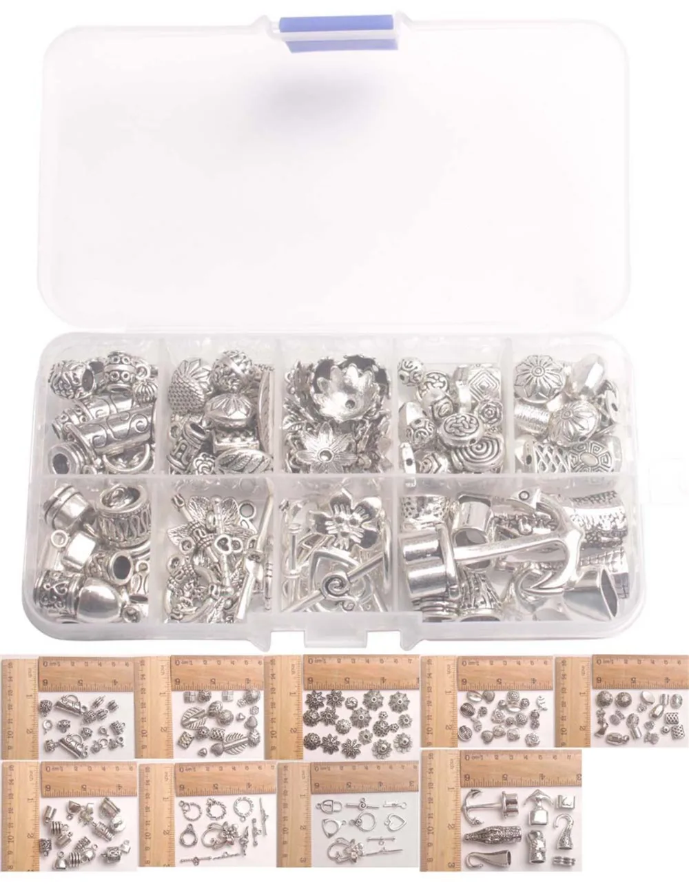 One Box of 134PCS Mixed Lots Bail Spacer Bead Cap Cord End Clasps Toggle
