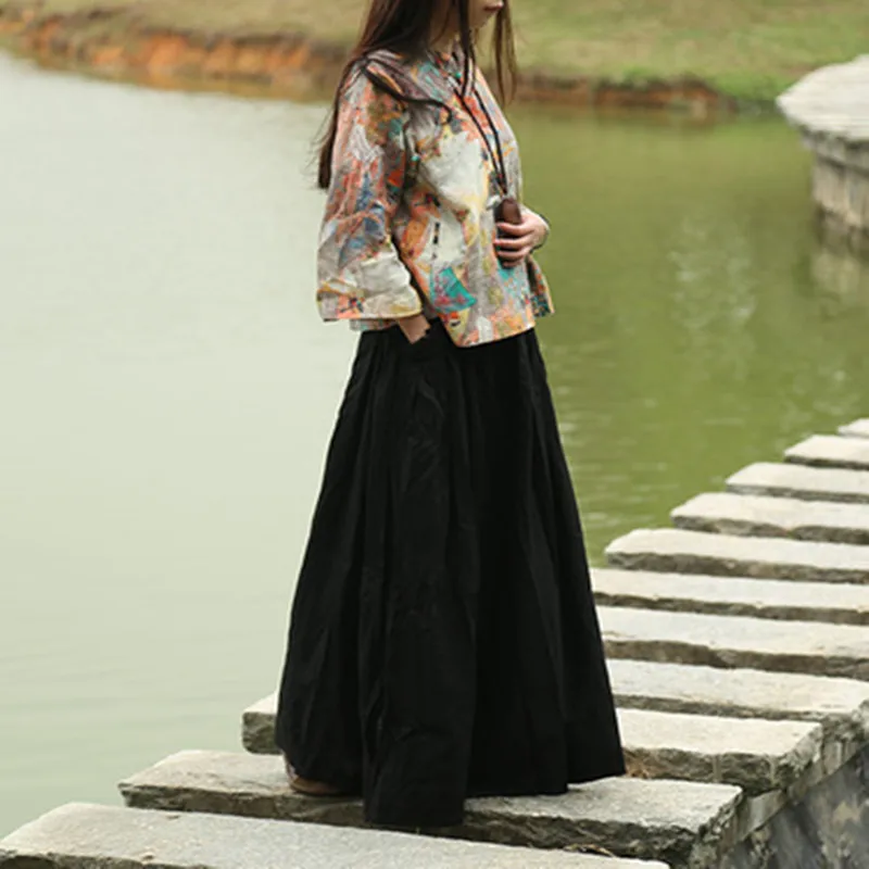 Костюм ханьфу черная длинная юбка китайская одежда летняя красная хлопковая