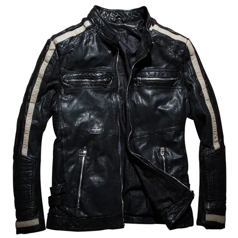 Motorcycle leather men's thin jacket Slim Korean version of vegetable tanned sheep handsome | Мужская одежда