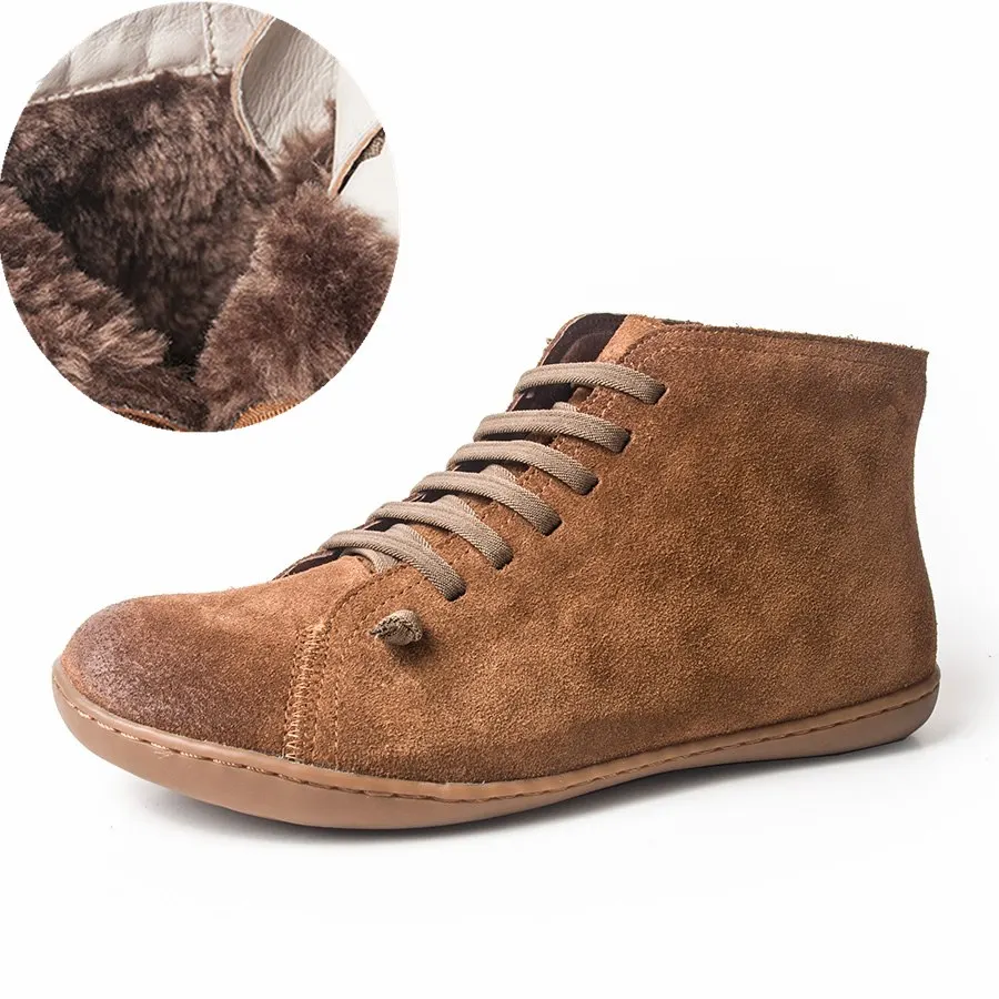 Dark brown suede fur Мужские зимние ботинки из натуральной коровьей замши; повседневные ботильоны; удобные качественные мягкие туфли ручной работы на плоской подошве; цвет черный, коричневый; с мехом - Цвет: Dark brown suede fur