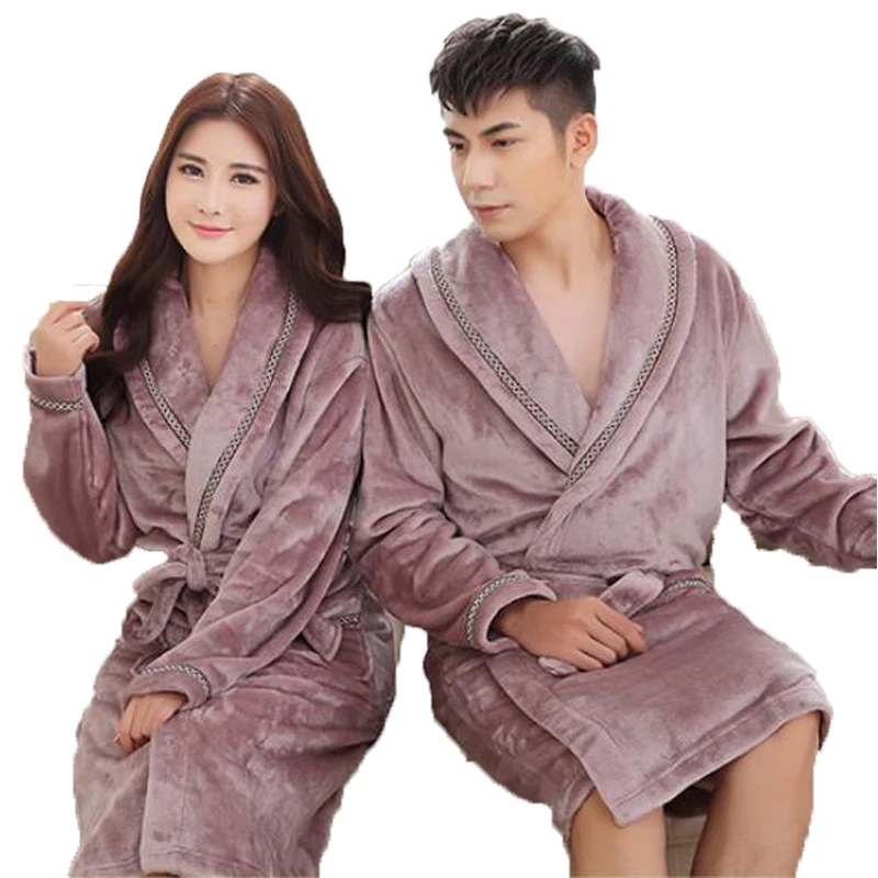 

Polka Dot Flannel Couples Bathrobe Kimono Nightwear Bath Robe Women Men Dressing Gown Peignoir with Belt Long Robes for Lovers