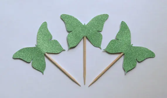 

green Glitter Butterfly cupcake toppers rustic wedding baby shower toothpicks birthday food pick party decorations