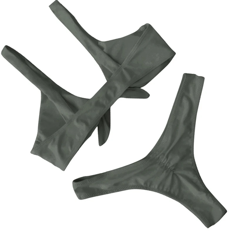 2018 однотонный комплект бикини с завязками спереди узлом и высоким вырезом