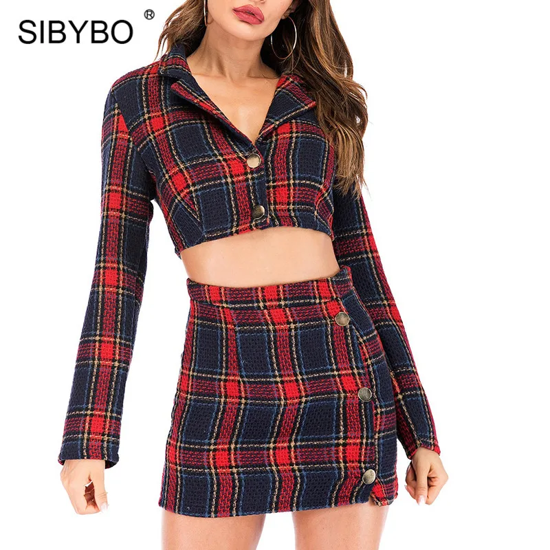 Sibybo, клетчатое, с принтом, с зубцами, мини, сексуальное, облегающее платье, весна, с длинным рукавом, имперский комплект из двух частей, платье для женщин, на пуговицах, вечерние платья