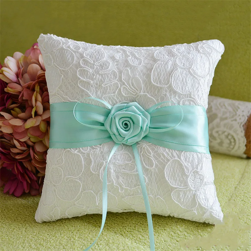 1 шт./лот лента шелк Тиффани синяя Роза кольцо Подушка квадратное кружево для
