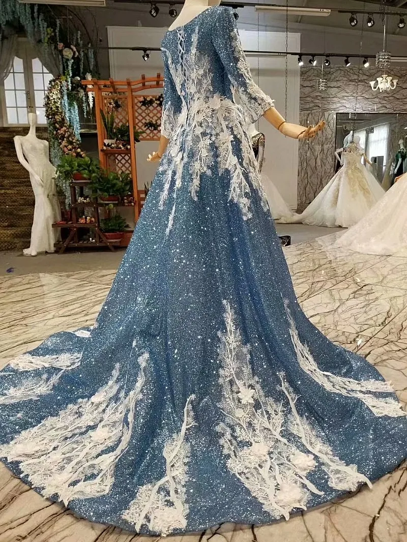 LS647401 блестящий dubai длинные вечерние платья длинный рукав o-neck простой a-line суд