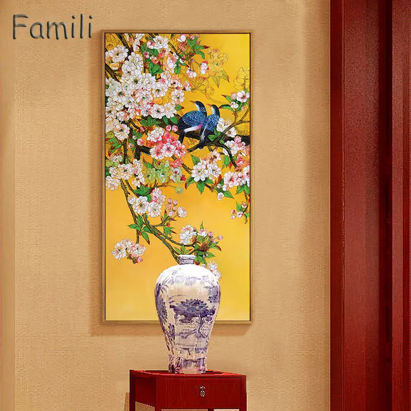 Картина на холсте в китайском стиле с изображением птиц и желтых растений|painting