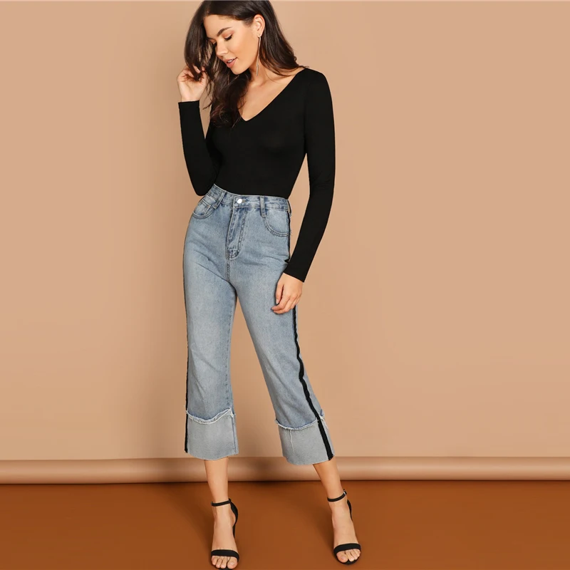 SHEIN Футболка С V-Образным Вырезом Облегающий Топ Женский Осенний Черный Элегантный Топ С Длинными Рукавами