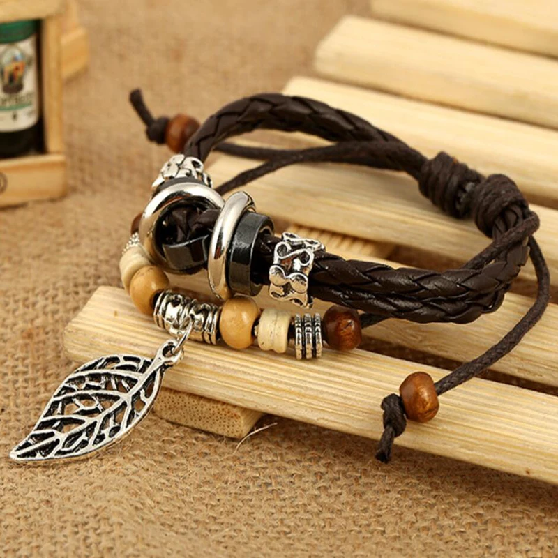 Полые браслеты в виде листьев винтажный Многослойный кожаный браслет стиле панк