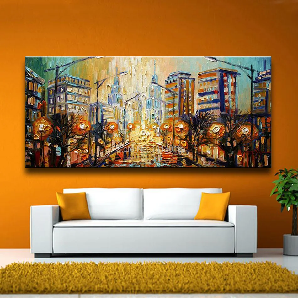 Large 3D City Palette Knife Oil Painting Modern Landscape Abstract Home Wall Art Decor Pictures Set Rain Street Road On Canvas | Дом и сад