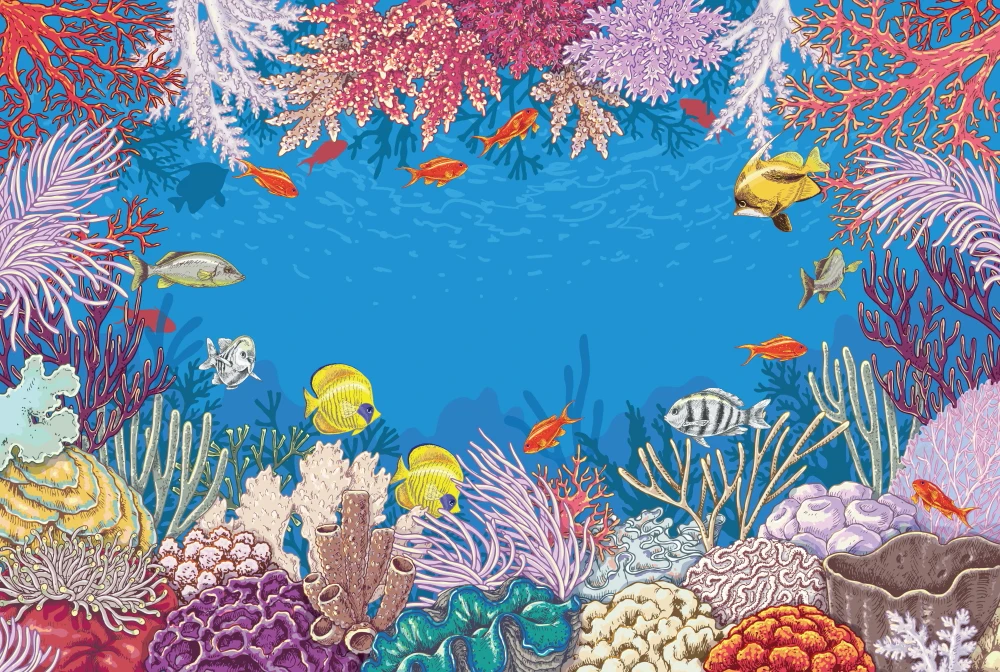 Фон для фотостудии с изображением рыб кораллов пород на заказ виниловые под