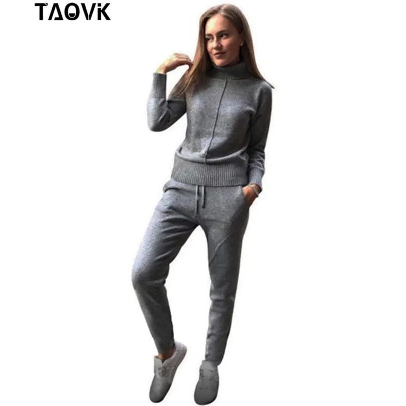 TAOVK Зимняя шерсть вязаный теплый свитер Установить с высоким воротником Брюки Бесплатный набор моды Два пункта