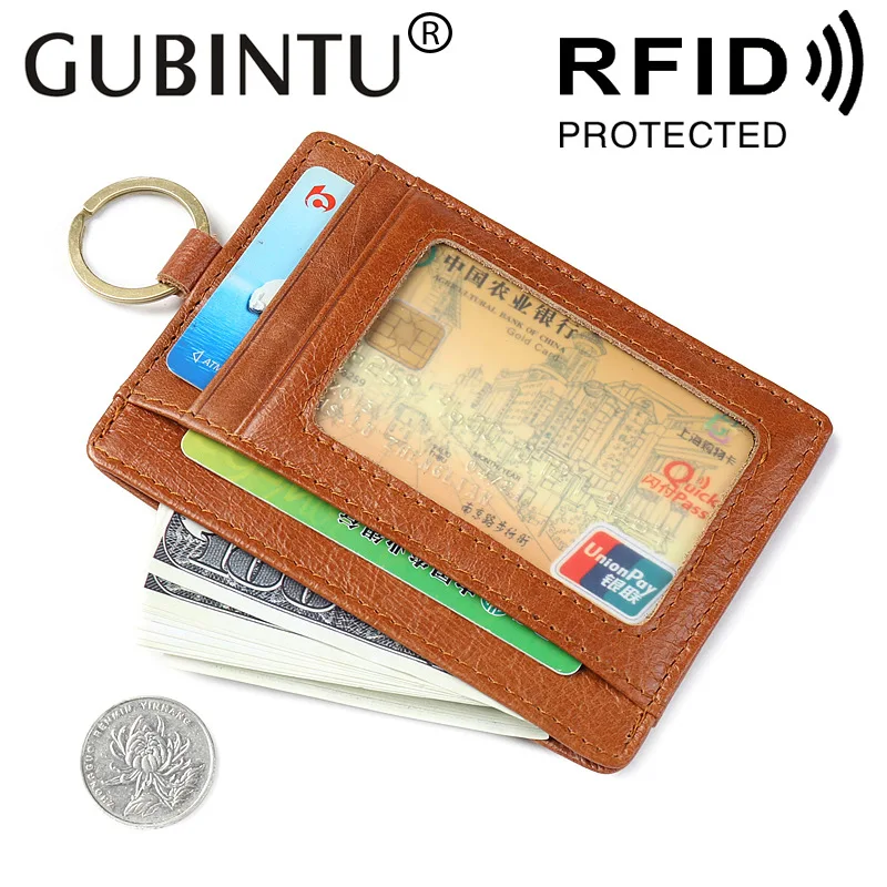 GUBINTU RFID Для мужчин ID кредитных карт с кольцом для ключей из натуральной кожи