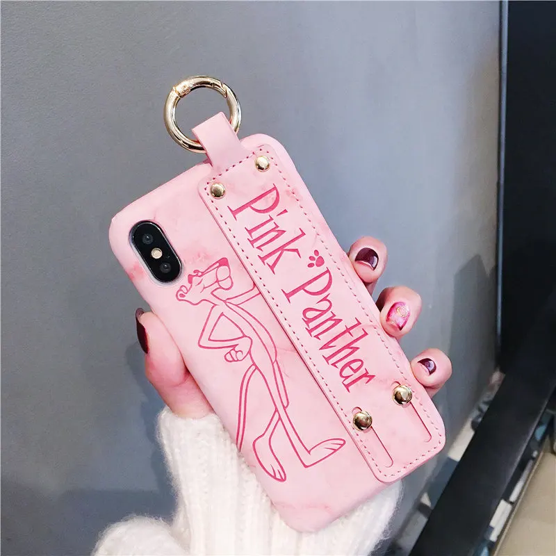 Роскошный Розовый пантера ремешок PU чехол для iphone X 6 6s 6plus 7 7plus 8 8plus наручный захват чехол твердая задняя крышка брендовый чехол