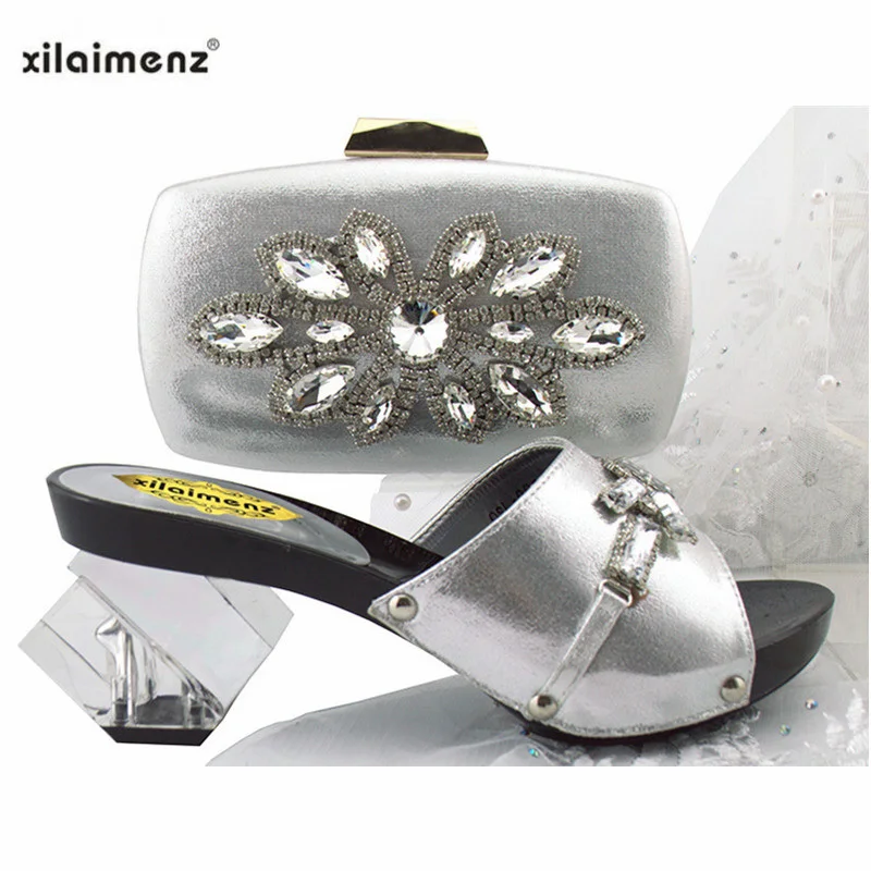 

New Shop 40% Discount 2018 New Arrivals Italian Shoes Matching Bag Decorated with Rhinestone Round Toe African Slipper