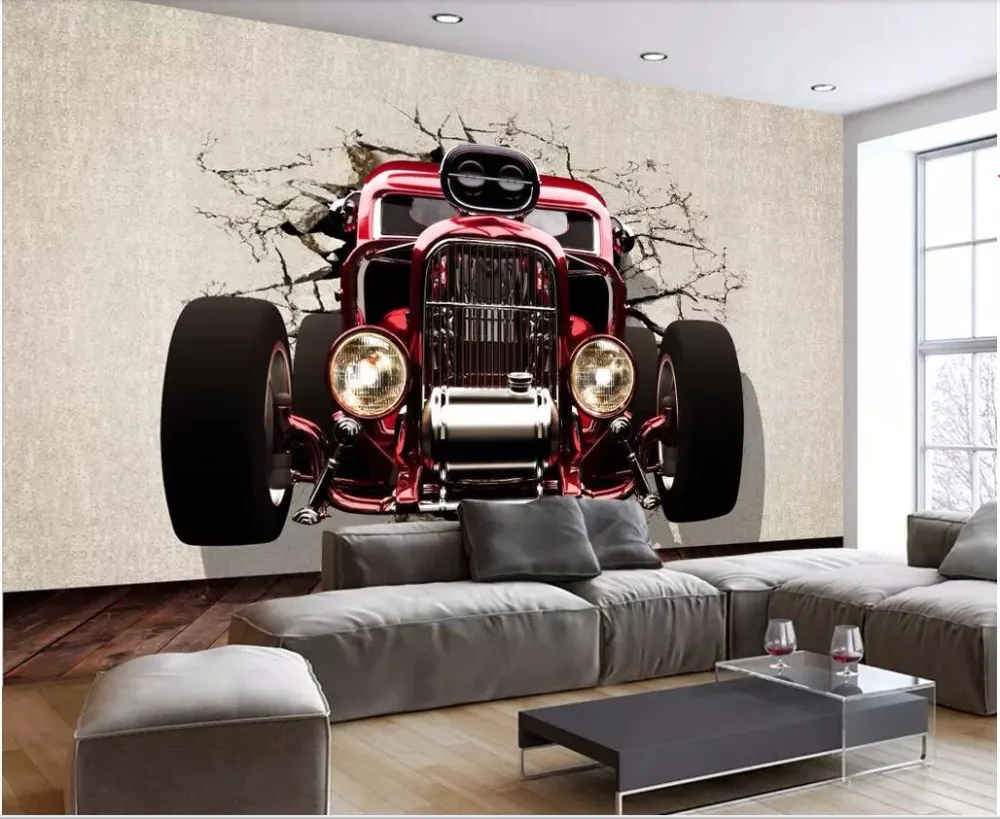 3d обои на заказ фотообои классический автомобиль выскочила из стены гостиной