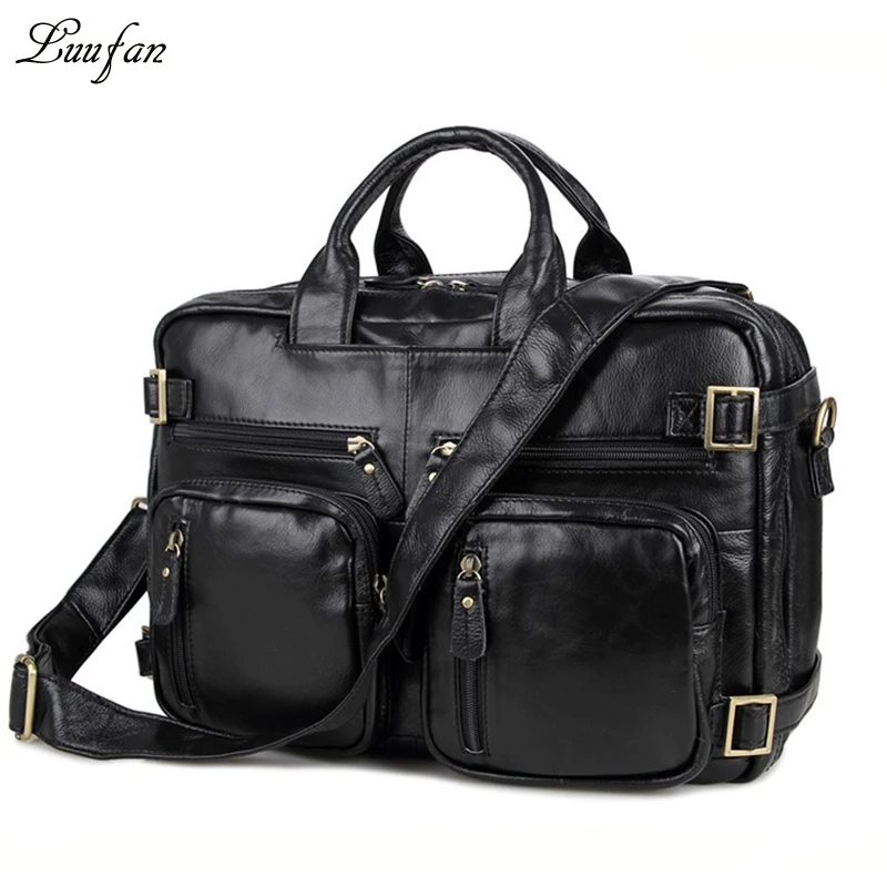 Men large capacity genuine leather briefcase 3 Use real leather daypack double PC pocket Black cowhide laptop handbag for man