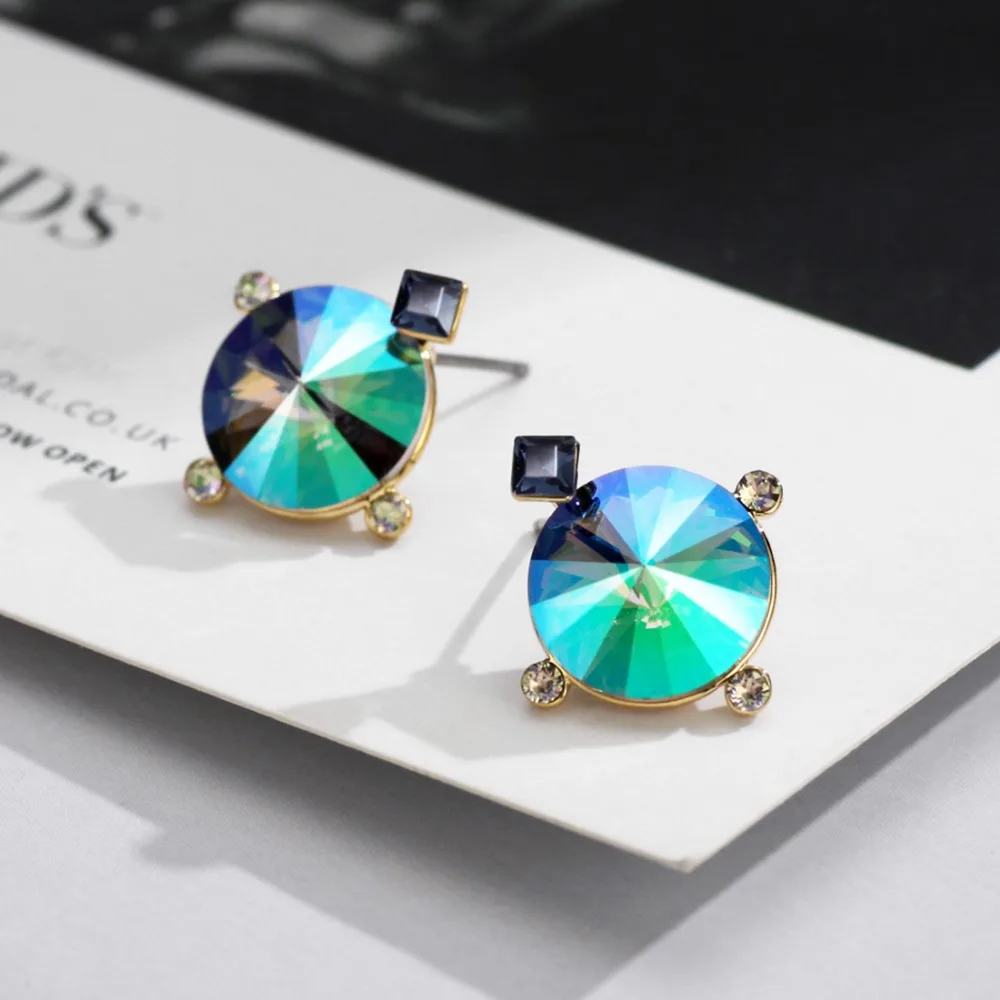 Neoglory Austria Rhinestone Geometric Design Stud Earrings Colorful Green Stylish Cool Cute Trendy Women Holiday Elegant Party | Украшения