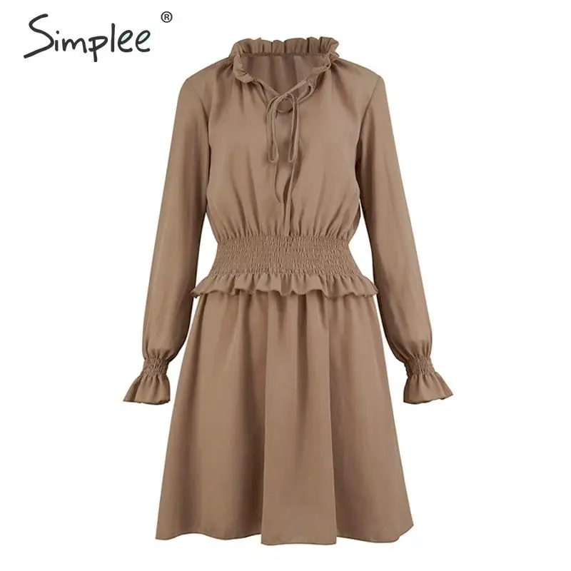 Simplee Lace up ruffled A-line women dress Elastic high waist short vintage dress Bohemian lantern sleeve female party dress - Цвет: Brown