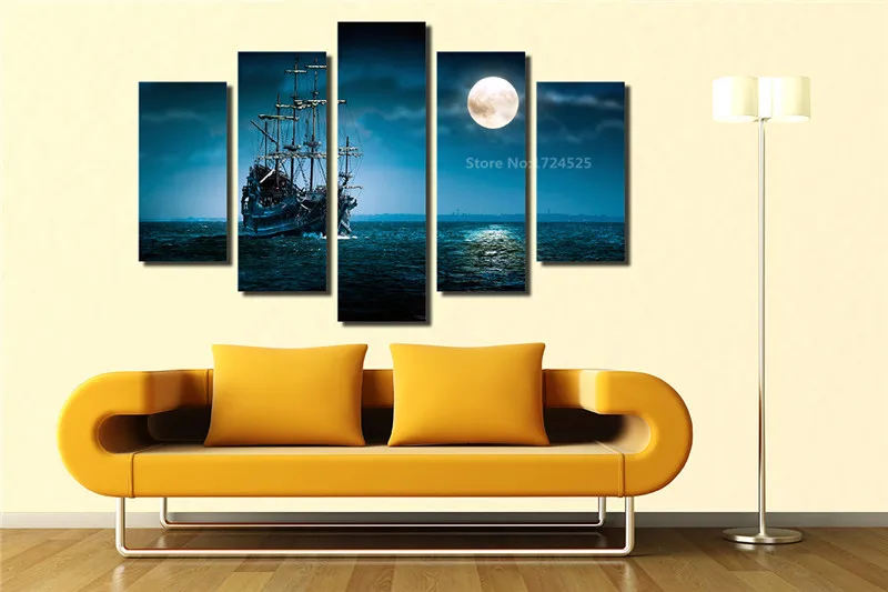 

Unframed 5 Panels Seaview Painting Full Moon Night View Painting On The Canvas Wall Art Home Decor For Living Room