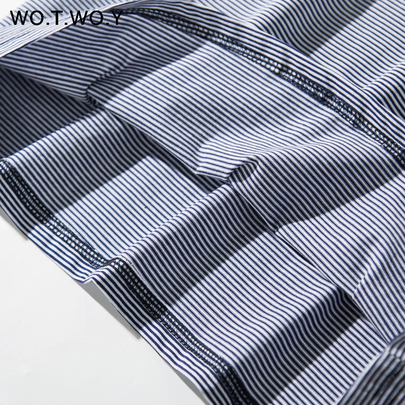 WOTWOY/летние синие полосатые футболки для женщин с круглым вырезом и коротким