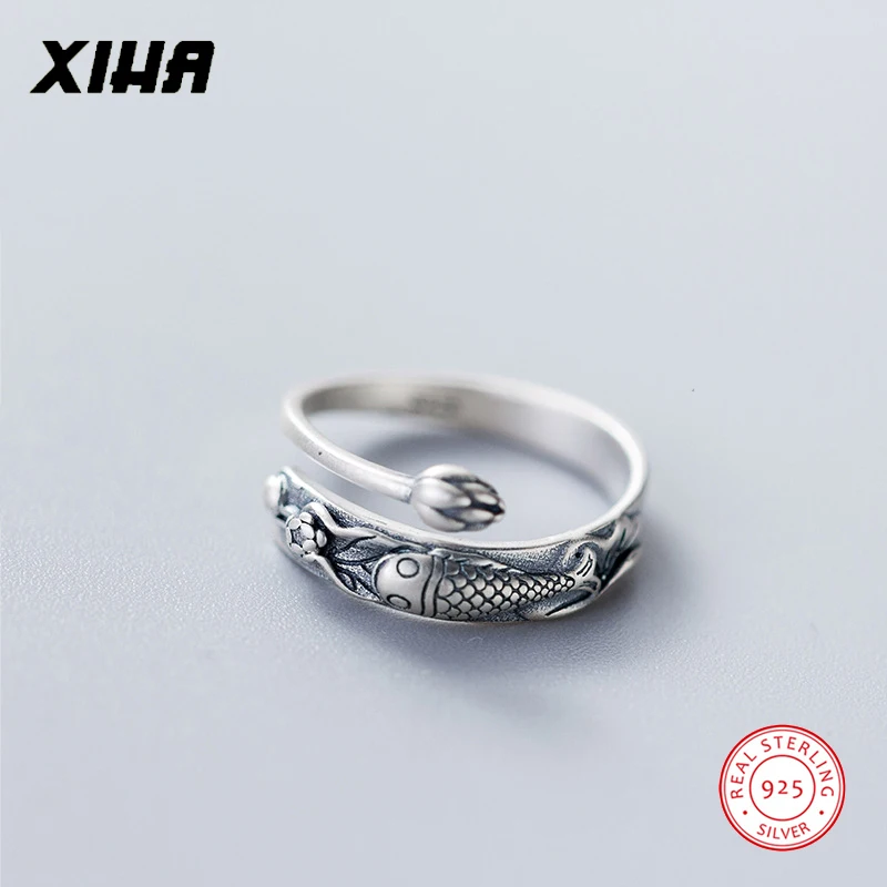 XIHA Твердые 925 пробы серебряные кольца для женщин Новое поступление Рыба Цветок лотоса дизайн регулируемое тайское серебрянное кольцо Винтажные Ювелирные Изделия