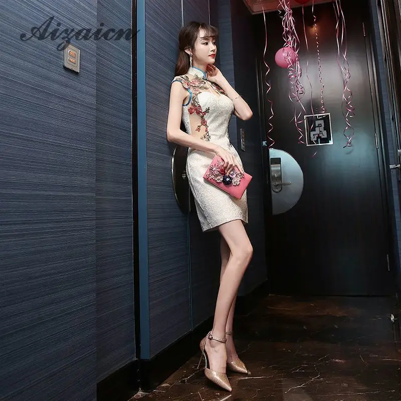 Сексуальное короткое платье чонсам белое с вышивкой Qipao перспективная сетка мини