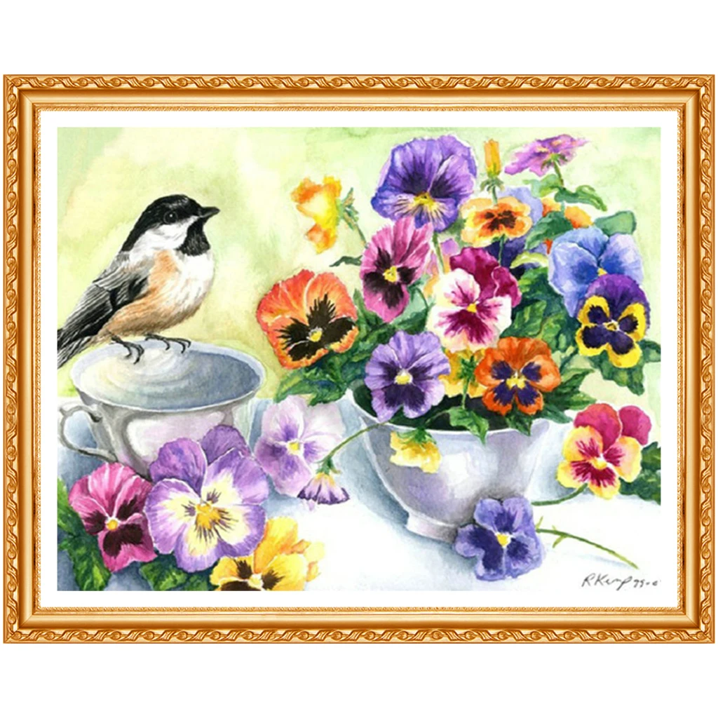 DIY square Diamond Painting Cross Stitch Kit Flowers painting rhinestone Embroidery Pansies and birds | Дом и сад