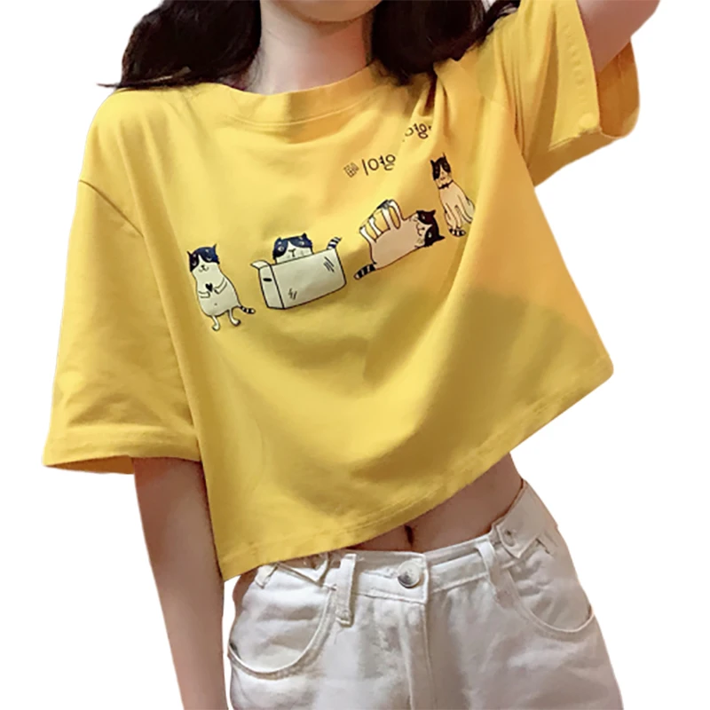 

Summer Cute Graphic Women T Shirt Japanese Kawaii Cat Design Tumbl Cropped Tops Cartoon Printed Loose Casual Girls Yellow Tshirt
