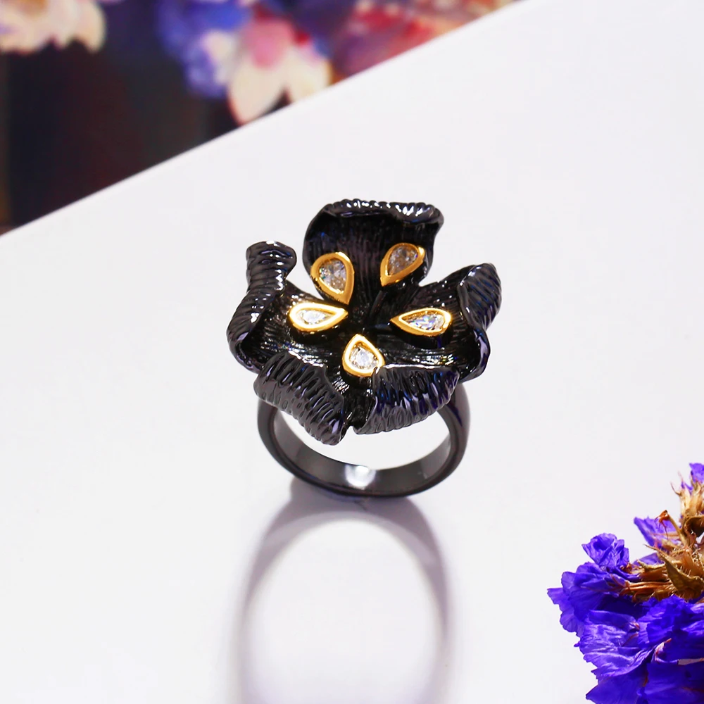 Цветок Черное кольцо ювелирные изделия Анель aneis anillos bague femme женские модные ювелирные изделия винтажные Женские коктейльные кольца