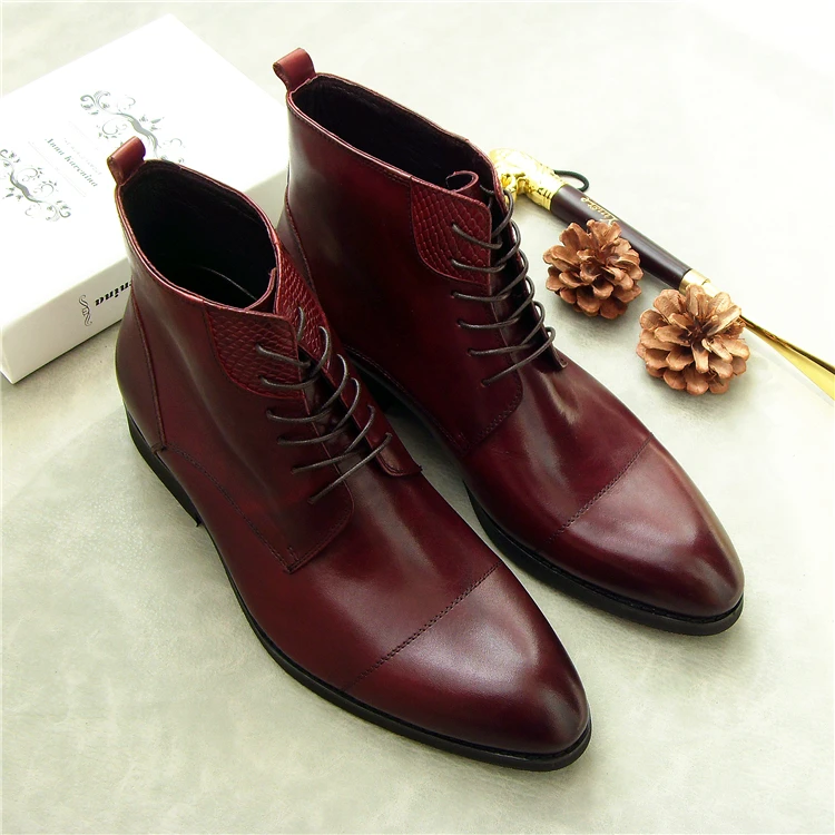 

Spring Autumn Mens Real Leather Martin Boots Shoes 2018 Wine Black Low Heels Lace up Winter Dress Knight Boots Italy Oxfords