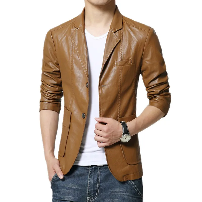 High Quality Leather Blazer Men 2019 Autumn Slim Fit Plus Size Solid Mens Jacket M-7XL | Мужская одежда