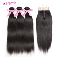 alot hair peruvian straight human hair bundles with lace closure middle part natural black 3 bundles hair weaves non remy hair