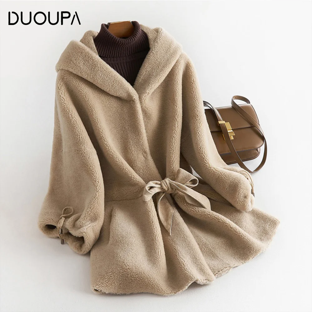 Женское пальто с натуральным мехом DUOUPA повседневное длинное из овечьей шерсти в