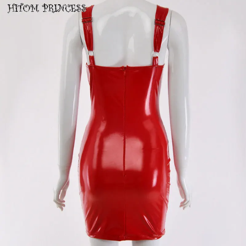 

HITOM PRINCESS Sleeveless Sexy PU Leather Dress Women Summer Backless Club Party Bodycon Dress Spaghetti Strap Pencil Mini Dress