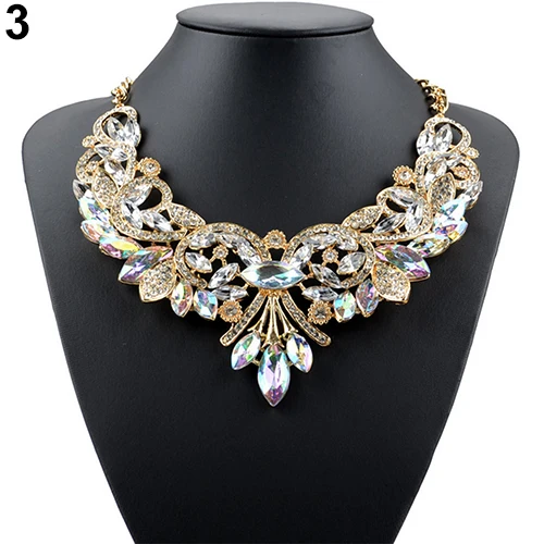 New and fashion Colorful Rhinestone Flower Pendent Chain Choker Statement Collar Bib Necklace |