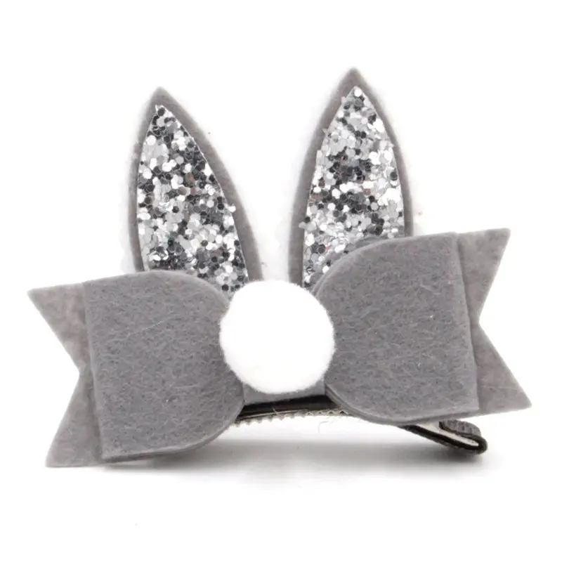 

20Pcs/Lot New Glitter Rabbit Ear Hair Clip Fashion Felt Bow Barrette With Pom Girls Animal Ear Hairpin Hair Accessory Headwear