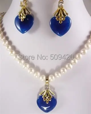 

Free p&p Wholesale white pearl Blue jade Pendant necklace earring set