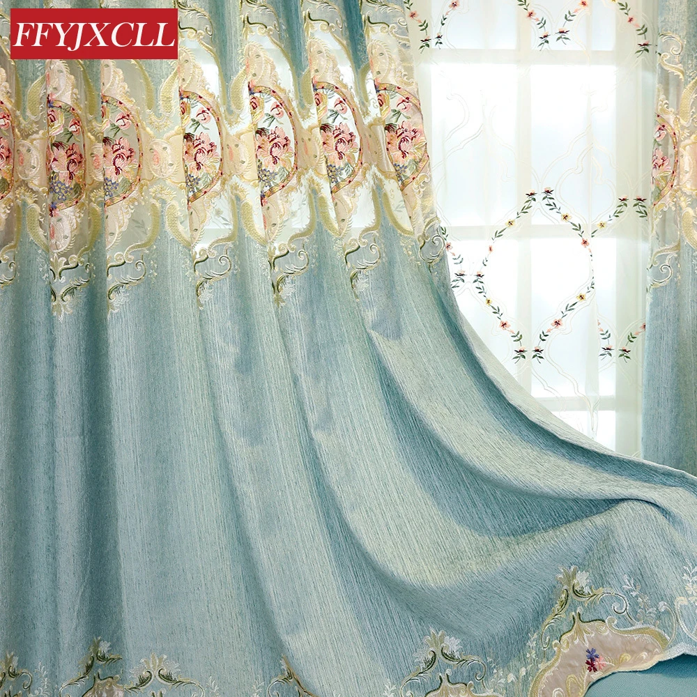 

Blue Green Customized Luxury Europe Floral Curtains Cloth for Living Room Bedroom Window Curtain Embroidered Tulle Home