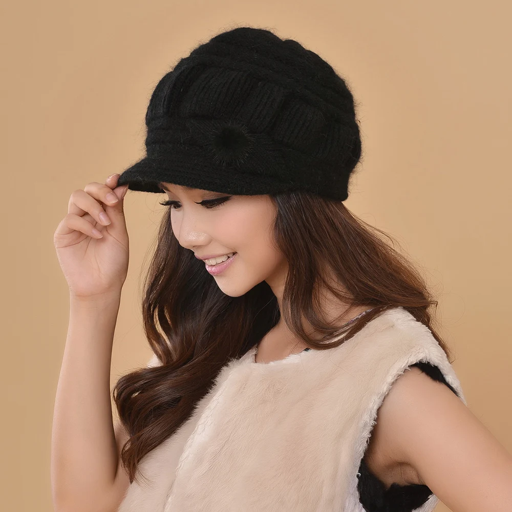 Зимняя шапка женский модный берет из кроличьей шерсти теплая Кепка вязаные шапки