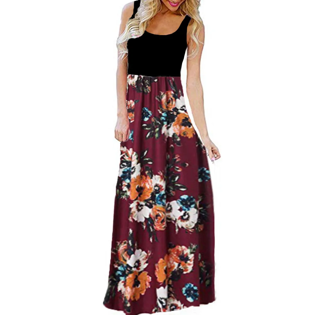 Women's Fashion Casual Sleeveless O-neck Print Maxi Tank Long Dress Summer Women Bohemian Floor-Length Slim G0417#20 | Женская